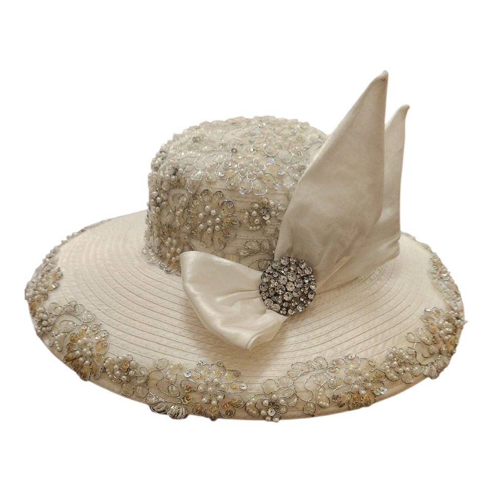 Whittall & Shon Women Ivory Lace Pearl Sequin Bow Rhinestone Wide Brim Derby Hat